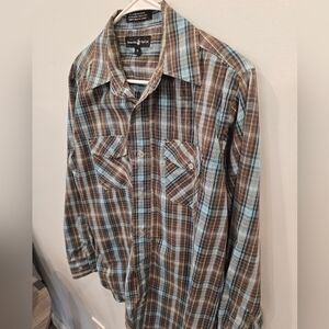 Beverly Hills Polo Club Brown and Light Blue Plaid Button-Down Shirt